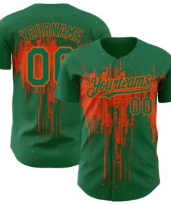 Custom Kelly Green Orange 3D Pattern Design Dripping Splatter Art Authentic Baseball Jersey