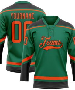 Custom Kelly Green Orange-Black Hockey Lace Neck Jersey