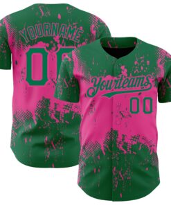 Custom Kelly Green Pink 3D Pattern Design Abstract Splatter Grunge Art Authentic Baseball Jersey