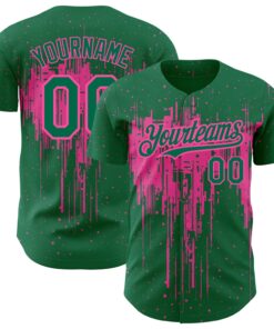 Custom Kelly Green Pink 3D Pattern Design Dripping Splatter Art Authentic Baseball Jersey