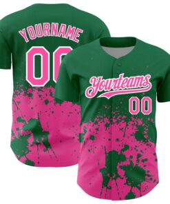Custom Kelly Green Pink-White 3D Pattern Design Abstract Splash Grunge Art Authentic Baseball Jersey