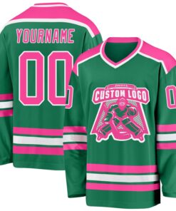 Custom Kelly Green Pink-White Hockey Jersey