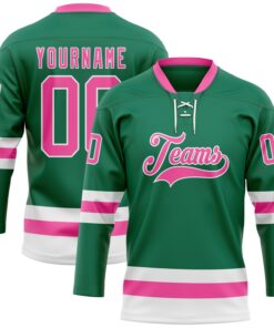 Custom Kelly Green Pink-White Hockey Lace Neck Jersey