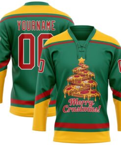 Custom Kelly Green Red-Gold Funny Christmas 3D Hockey Lace Neck Jersey