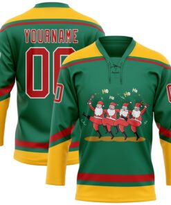 Custom Kelly Green Red-Gold Funny Christmas 3D Hockey Lace Neck Jersey