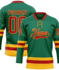 Custom Kelly Green Red-Gold Hockey Lace Neck Jersey