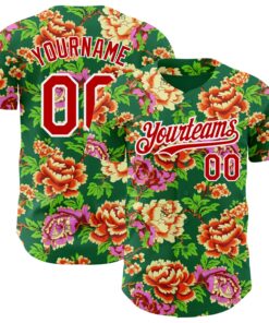 Custom Kelly Green Red-White 3D Pattern Design Northeast China Big Flower Authentic Baseball Jersey