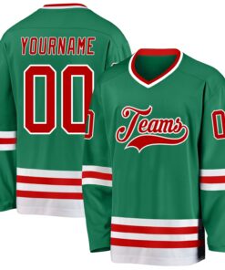 Custom Kelly Green Red-White Hockey Jersey