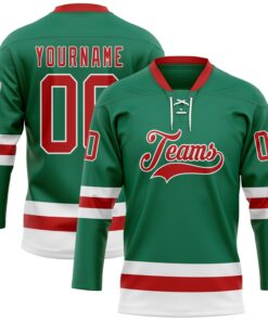 Custom Kelly Green Red-White Hockey Lace Neck Jersey