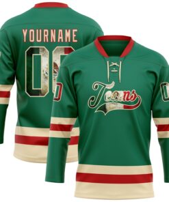 Custom Kelly Green Vintage Mexican Flag Cream-Red Hockey Lace Neck Jersey