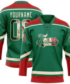 Custom Kelly Green Vintage Mexican Flag Cream-Red Hockey Lace Neck Jersey
