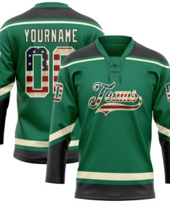 Custom Kelly Green Vintage USA Flag Cream-Black Hockey Lace Neck Jersey