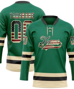 Custom Kelly Green Vintage USA Flag Cream-Black Hockey Lace Neck Jersey