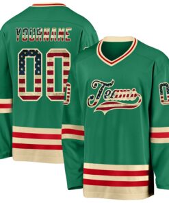 Custom Kelly Green Vintage USA Flag Cream-Red Hockey Jersey