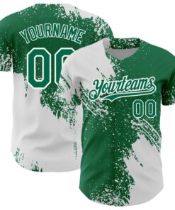 Custom Kelly Green White 3D Pattern Design Abstract Brush Stroke Authentic Baseball Jersey