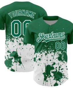 Custom Kelly Green White 3D Pattern Design Abstract Splash Grunge Art Authentic Baseball Jersey