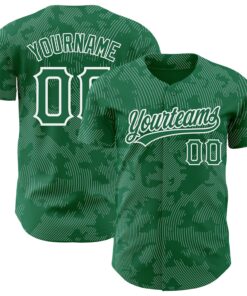 Custom Kelly Green White 3D Pattern Design Curve Lines Authentic Baseball Jersey