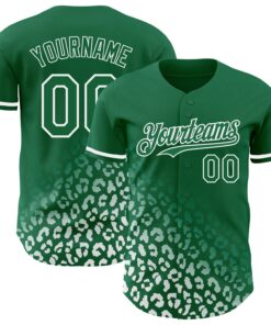 Custom Kelly Green White 3D Pattern Design Leopard Print Fade Fashion Authentic Baseball Jersey