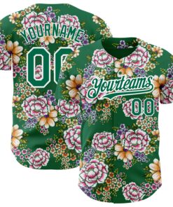 Custom Kelly Green White 3D Pattern Design Northeast China Big Flower Authentic Baseball Jersey