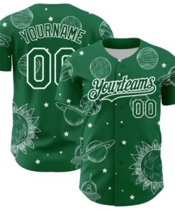 Custom Kelly Green White 3D Pattern Design Planets Authentic Baseball Jersey