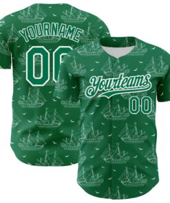 Custom Kelly Green White 3D Pattern Design Ship Frigate With Seagulls Authentic Baseball Jersey
