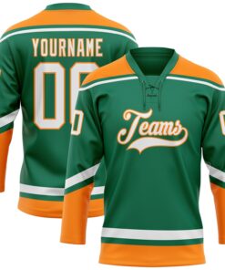 Custom Kelly Green White-Bay Orange Hockey Lace Neck Jersey