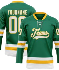 Custom Kelly Green White-Gold Hockey Lace Neck Jersey