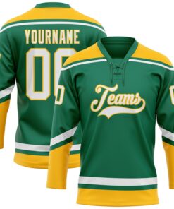 Custom Kelly Green White-Gold Hockey Lace Neck Jersey
