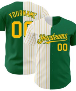 Custom Kelly Green White-Gold Pinstripe Authentic Split Fashion Baseball Jersey