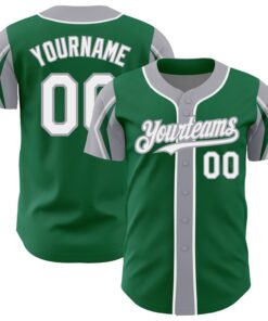 Custom Kelly Green White-Gray 3 Colors Arm Shapes Authentic Baseball Jersey