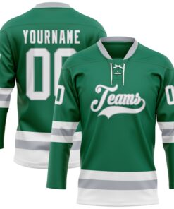 Custom Kelly Green White-Gray Hockey Lace Neck Jersey