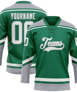 Custom Kelly Green White-Gray Hockey Lace Neck Jersey