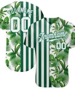 Custom Kelly Green White-Kelly Green 3D Pattern Design Tropical Palm Leaves Authentic Baseball Jersey