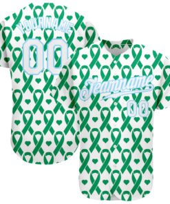 Custom Kelly Green White-Light Blue 3D Pattern Design Breast Cancer Authentic Baseball Jersey