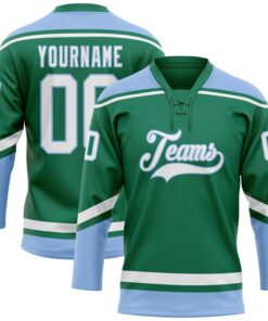 Custom Kelly Green White-Light Blue Hockey Lace Neck Jersey