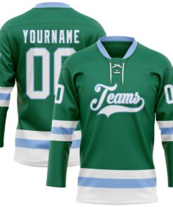 Custom Kelly Green White-Light Blue Hockey Lace Neck Jersey