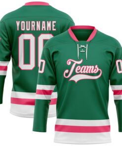 Custom Kelly Green White-Neon Pink Hockey Lace Neck Jersey