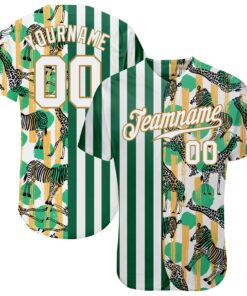 Custom Kelly Green White-Old Gold 3D Pattern Design Zebras And Giraffes Authentic Baseball Jersey