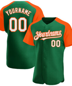 Custom Kelly Green White-Orange Authentic Raglan Sleeves Baseball Jersey