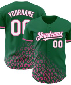 Custom Kelly Green White-Pink 3D Pattern Design Leopard Print Fade Fashion Authentic Baseball Jersey
