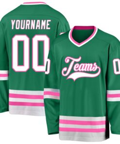 Custom Kelly Green White-Pink Hockey Jersey