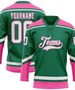 Custom Kelly Green White-Pink Hockey Lace Neck Jersey