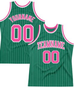 Custom Kelly Green White Pinstripe Pink Authentic Basketball Jersey