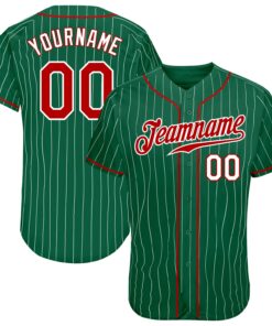 Custom Kelly Green White Pinstripe Red-White Authentic Baseball Jersey