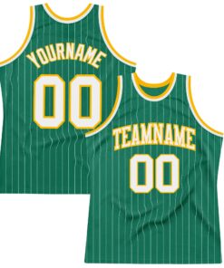 Custom Kelly Green White Pinstripe White-Gold Authentic Basketball Jersey