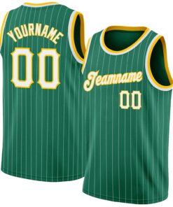 Custom Kelly Green White Pinstripe White-Gold Authentic Basketball Jersey