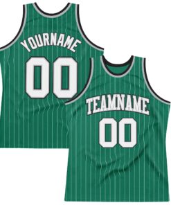 Custom Kelly Green White Pinstripe White Gray-Black Authentic Basketball Jersey