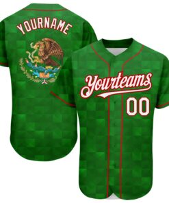 Custom Kelly Green White-Red 3D Mexico Authentic Baseball Jersey