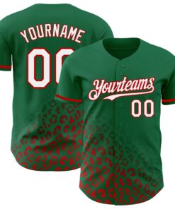 Custom Kelly Green White-Red 3D Pattern Design Leopard Print Fade Fashion Authentic Baseball Jersey