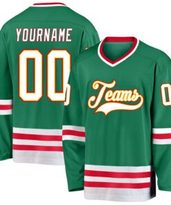 Custom Kelly Green White-Red Hockey Jersey